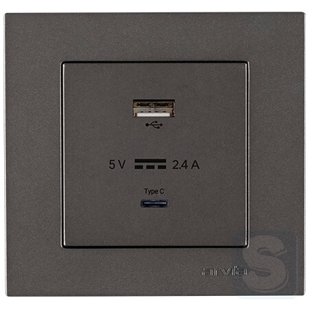 Розетка USB-A + USB-C 5V-2.4A Arvia Electric KAREN Антрацит (20 06 2000 304)